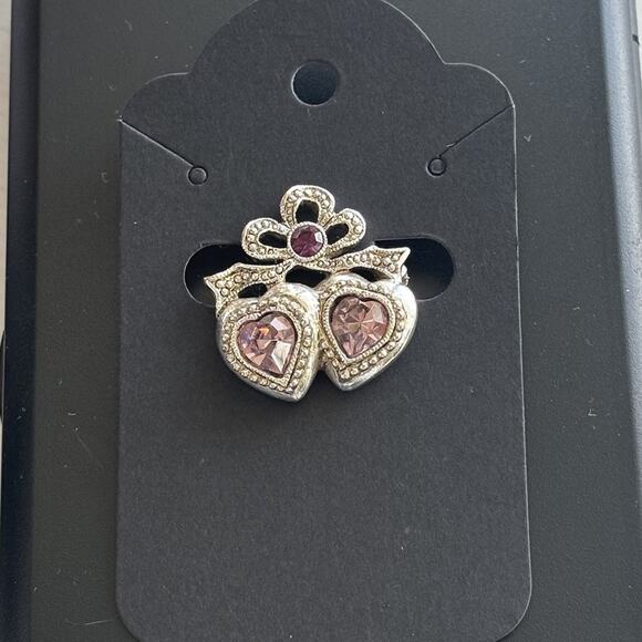 Double Heart Pin Brooch Purple Stone Silver Tone Small Bow Sparkle February - Picture 1 of 4